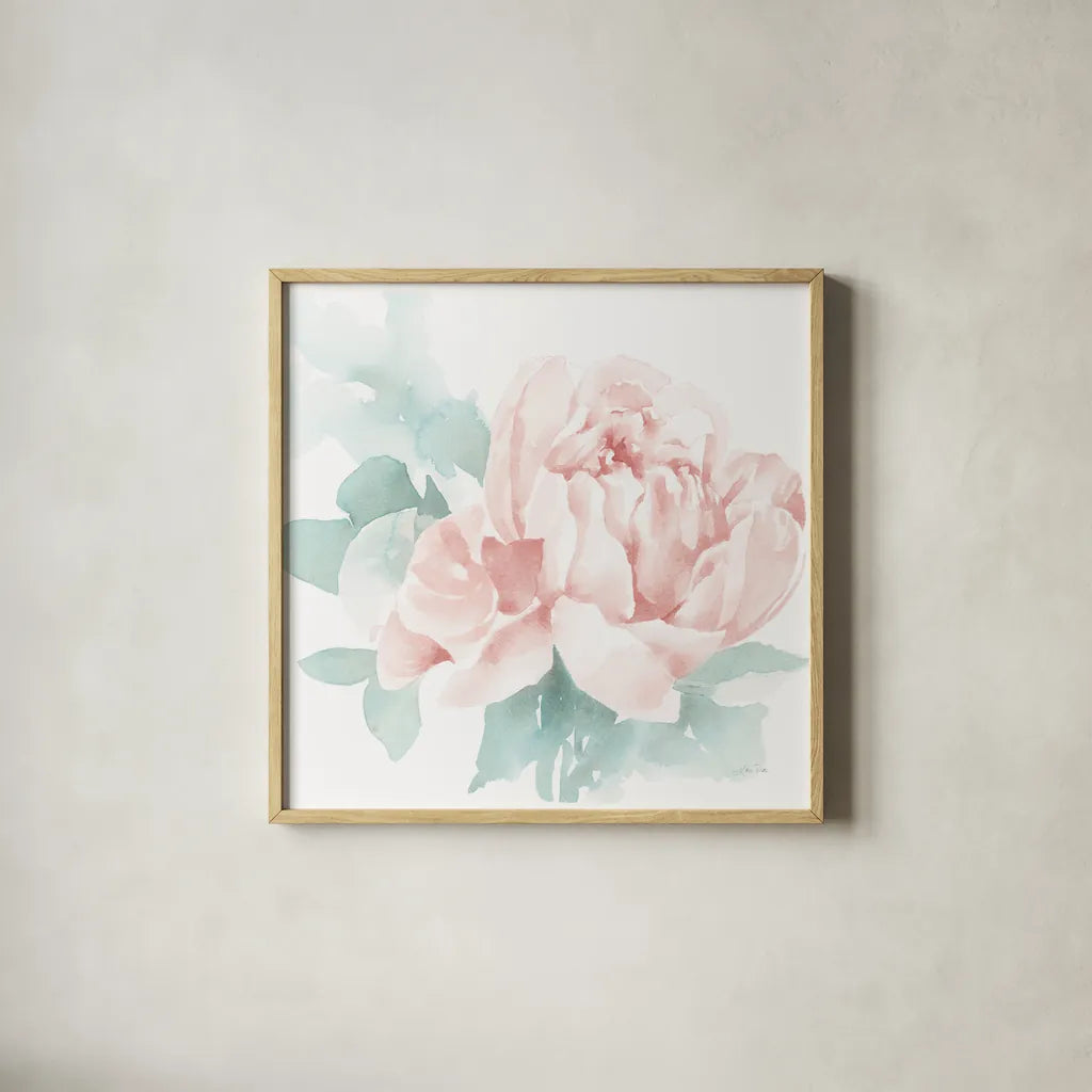 Poetic Blooming I Pink by Katrina Pete. Shown in a natural wood glass frame for a timeless modern aesthetic. Available as an archival giclee rolled canvas, fine art paper, or poster print. SKU 71083a.