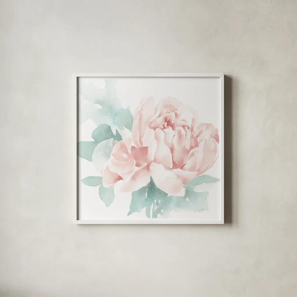 Poetic Blooming I Pink by Katrina Pete. Shown in a crisp white glass frame for a clean and minimalist style. Available as an archival giclee rolled canvas, fine art paper, or poster print. SKU 71083a.