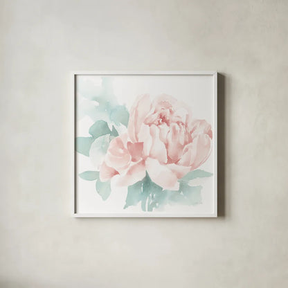 Poetic Blooming I Pink by Katrina Pete. Shown in a crisp white glass frame for a clean and minimalist style. Available as an archival giclee rolled canvas, fine art paper, or poster print. SKU 71083a.
