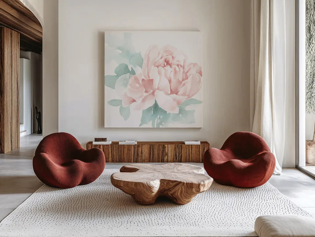Poetic Blooming I Pink by Katrina Pete. Shown as extra-large giant wall art in a modern living room. Available as an archival giclee rolled canvas, fine art paper, or poster print. SKU 71083a.
