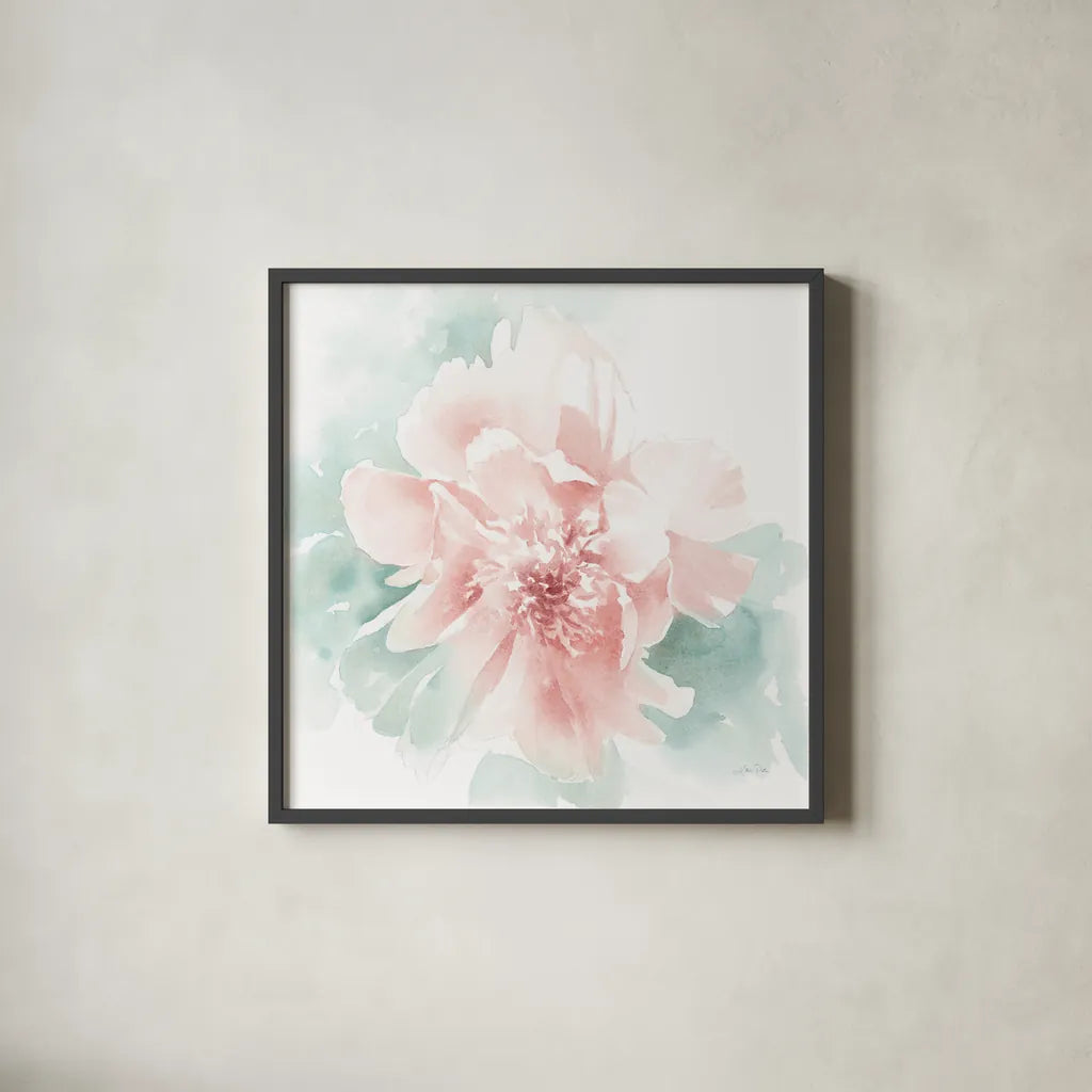 Poetic Blooming II Pink by Katrina Pete. Shown in a sleek black glass frame for a contemporary gallery look. Available as an archival giclee rolled canvas, fine art paper, or poster print. SKU 71084a.