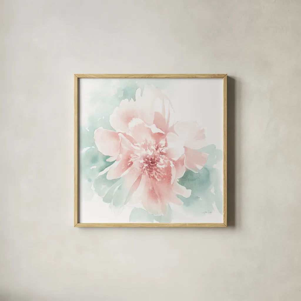Poetic Blooming II Pink by Katrina Pete. Shown in a natural wood glass frame for a timeless modern aesthetic. Available as an archival giclee rolled canvas, fine art paper, or poster print. SKU 71084a.