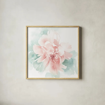 Poetic Blooming II Pink by Katrina Pete. Shown in a natural wood glass frame for a timeless modern aesthetic. Available as an archival giclee rolled canvas, fine art paper, or poster print. SKU 71084a.