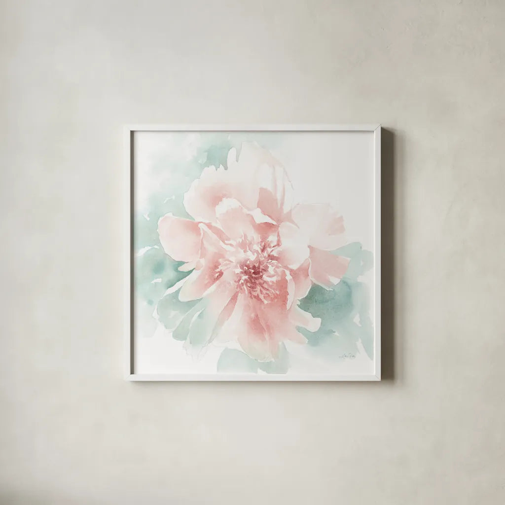 Poetic Blooming II Pink by Katrina Pete. Shown in a crisp white glass frame for a clean and minimalist style. Available as an archival giclee rolled canvas, fine art paper, or poster print. SKU 71084a.