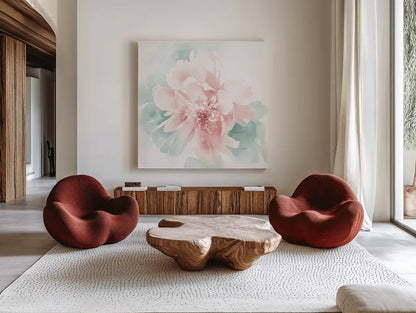 Poetic Blooming II Pink by Katrina Pete. Shown as extra-large giant wall art in a modern living room. Available as an archival giclee rolled canvas, fine art paper, or poster print. SKU 71084a.