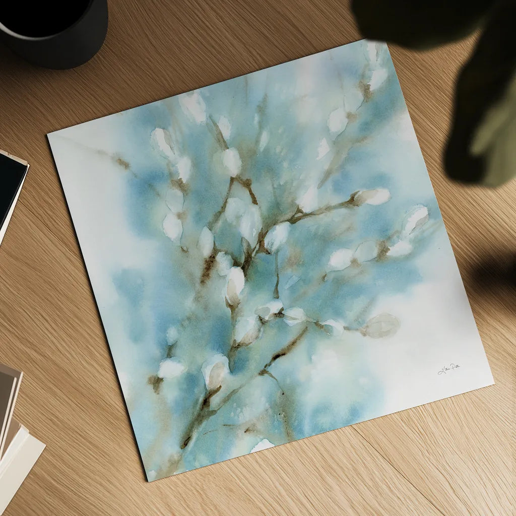 Pussy Willows Square by Katrina Pete. Shown as a detailed flat fine art print, highlighting archival giclee quality. Available as an archival giclee rolled canvas, fine art paper, or poster print. SKU 71683a.