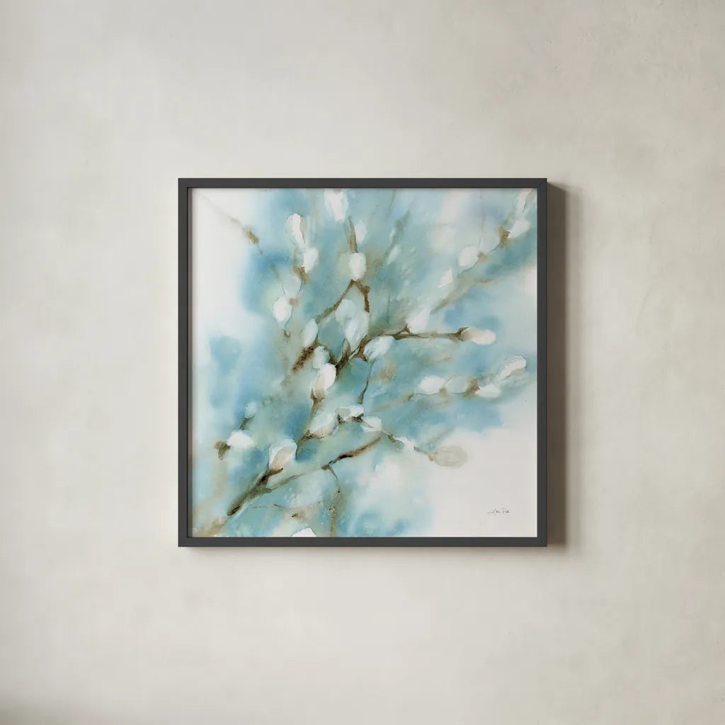 Pussy Willows Square by Katrina Pete. Shown in a sleek black glass frame for a contemporary gallery look. Available as an archival giclee rolled canvas, fine art paper, or poster print. SKU 71683a.