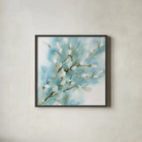 Pussy Willows Square by Katrina Pete. Shown in a sleek black glass frame for a contemporary gallery look. Available as an archival giclee rolled canvas, fine art paper, or poster print. SKU 71683a.