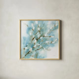 Pussy Willows Square by Katrina Pete. Shown in a natural wood glass frame for a timeless modern aesthetic. Available as an archival giclee rolled canvas, fine art paper, or poster print. SKU 71683a.
