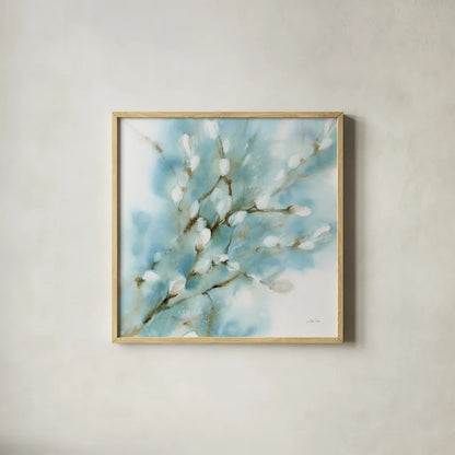 Pussy Willows Square by Katrina Pete. Shown in a natural wood glass frame for a timeless modern aesthetic. Available as an archival giclee rolled canvas, fine art paper, or poster print. SKU 71683a.