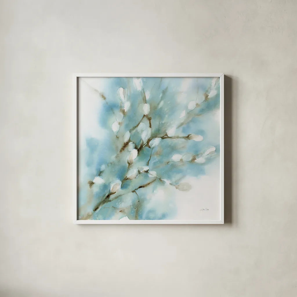 Pussy Willows Square by Katrina Pete. Shown in a crisp white glass frame for a clean and minimalist style. Available as an archival giclee rolled canvas, fine art paper, or poster print. SKU 71683a.