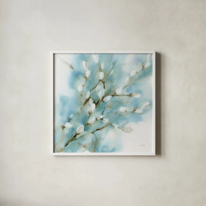 Pussy Willows Square by Katrina Pete. Shown in a crisp white glass frame for a clean and minimalist style. Available as an archival giclee rolled canvas, fine art paper, or poster print. SKU 71683a.