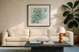 Pussy Willows Square by Katrina Pete. Displayed in a glass frame with matte in a clean modern living room. Available as an archival giclee rolled canvas, fine art paper, or poster print. SKU 71683a.