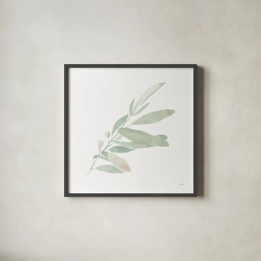 Sage I by Katrina Pete. Shown in a sleek black glass frame for a contemporary gallery look. Available as an archival giclee rolled canvas, fine art paper, or poster print. SKU 65977a.