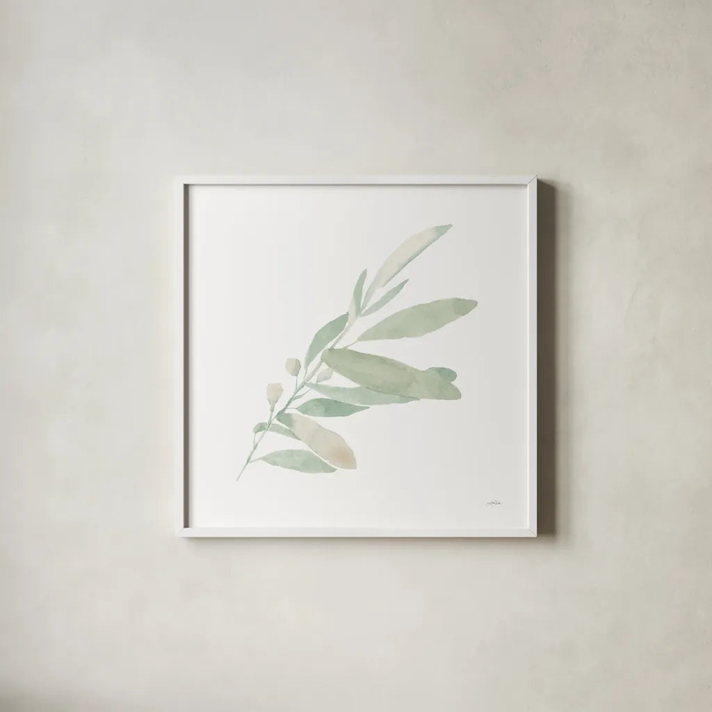 Sage I by Katrina Pete. Shown in a crisp white glass frame for a clean and minimalist style. Available as an archival giclee rolled canvas, fine art paper, or poster print. SKU 65977a.