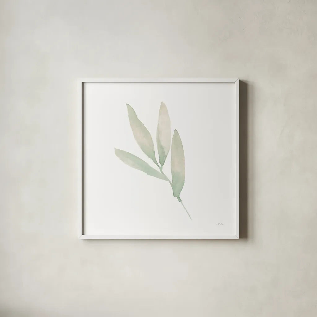 Sage III by Katrina Pete. Shown in a crisp white glass frame for a clean and minimalist style. Available as an archival giclee rolled canvas, fine art paper, or poster print. SKU 65979a.