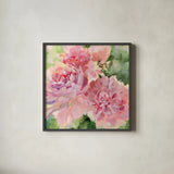 Sarahs Peony by Katrina Pete. Shown in a sleek black glass frame for a contemporary gallery look. Available as an archival giclee rolled canvas, fine art paper, or poster print. SKU 92012a.