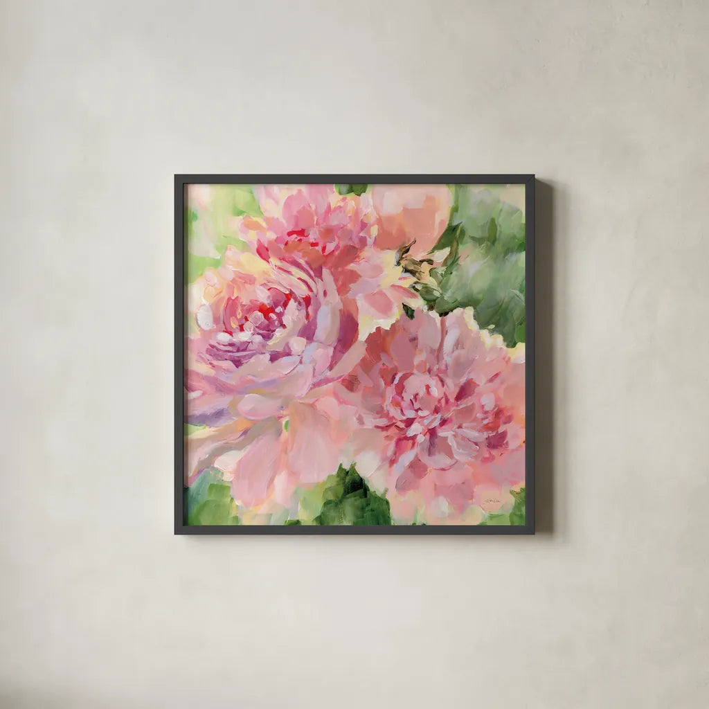 Sarahs Peony by Katrina Pete. Shown in a sleek black glass frame for a contemporary gallery look. Available as an archival giclee rolled canvas, fine art paper, or poster print. SKU 92012a.