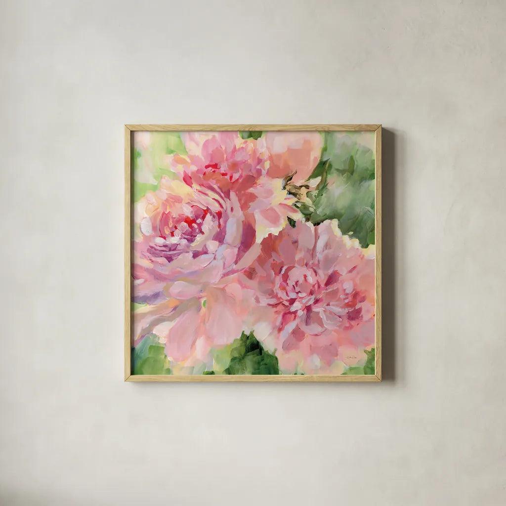 Sarahs Peony by Katrina Pete. Shown in a natural wood glass frame for a timeless modern aesthetic. Available as an archival giclee rolled canvas, fine art paper, or poster print. SKU 92012a.
