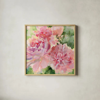 Sarahs Peony by Katrina Pete. Shown in a natural wood glass frame for a timeless modern aesthetic. Available as an archival giclee rolled canvas, fine art paper, or poster print. SKU 92012a.