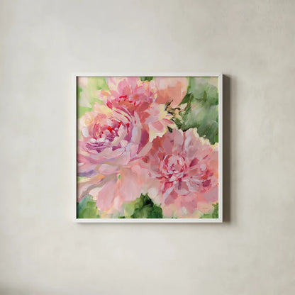 Sarahs Peony by Katrina Pete. Shown in a crisp white glass frame for a clean and minimalist style. Available as an archival giclee rolled canvas, fine art paper, or poster print. SKU 92012a.