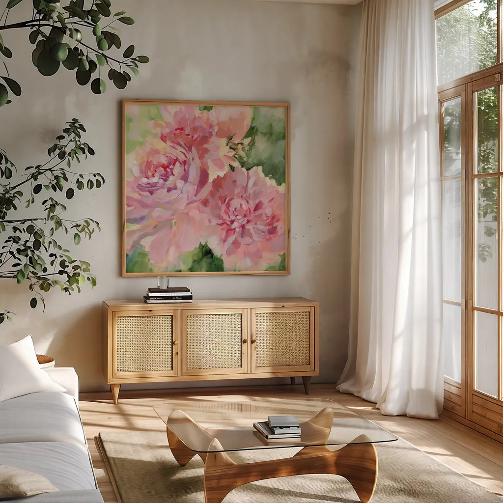 Sarahs Peony by Katrina Pete. Shown in a natural wood frame in a cozy modern living room. Available as an archival giclee rolled canvas, fine art paper, or poster print. SKU 92012a.