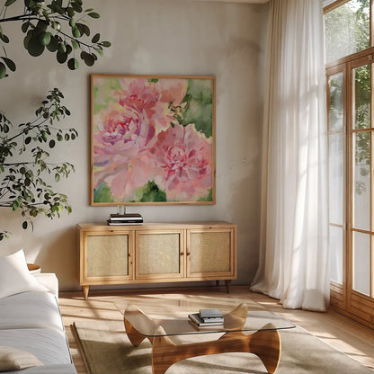 Sarahs Peony by Katrina Pete. Shown in a natural wood frame in a cozy modern living room. Available as an archival giclee rolled canvas, fine art paper, or poster print. SKU 92012a.