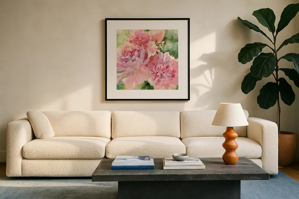 Sarahs Peony by Katrina Pete. Displayed in a glass frame with matte in a clean modern living room. Available as an archival giclee rolled canvas, fine art paper, or poster print. SKU 92012a.