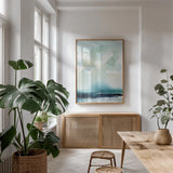 Seascape by Katrina Pete. shown as a print in a natural wood frame in a dining room. Available as a archival giclee rolled canvas, fine art paper, or poster print. SKU 65951h.