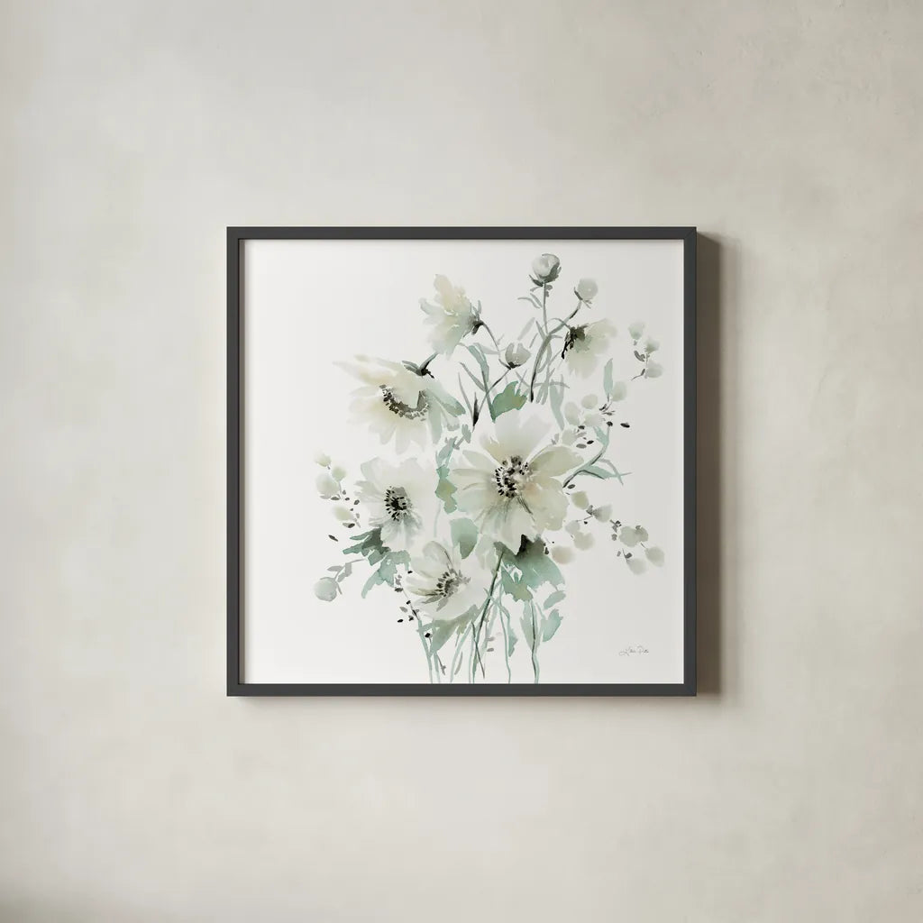 Secret Garden Bouquet I by Katrina Pete. Shown in a sleek black glass frame for a contemporary gallery look. Available as an archival giclee rolled canvas, fine art paper, or poster print. SKU 67131a.