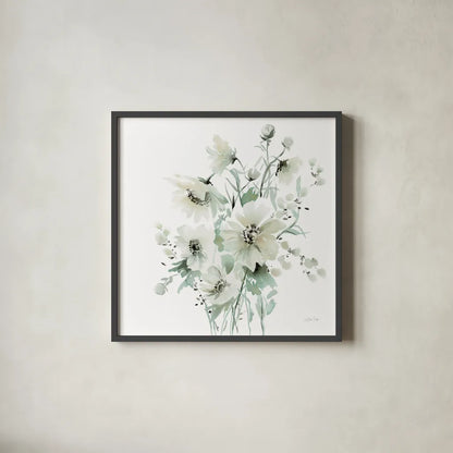 Secret Garden Bouquet I by Katrina Pete. Shown in a sleek black glass frame for a contemporary gallery look. Available as an archival giclee rolled canvas, fine art paper, or poster print. SKU 67131a.