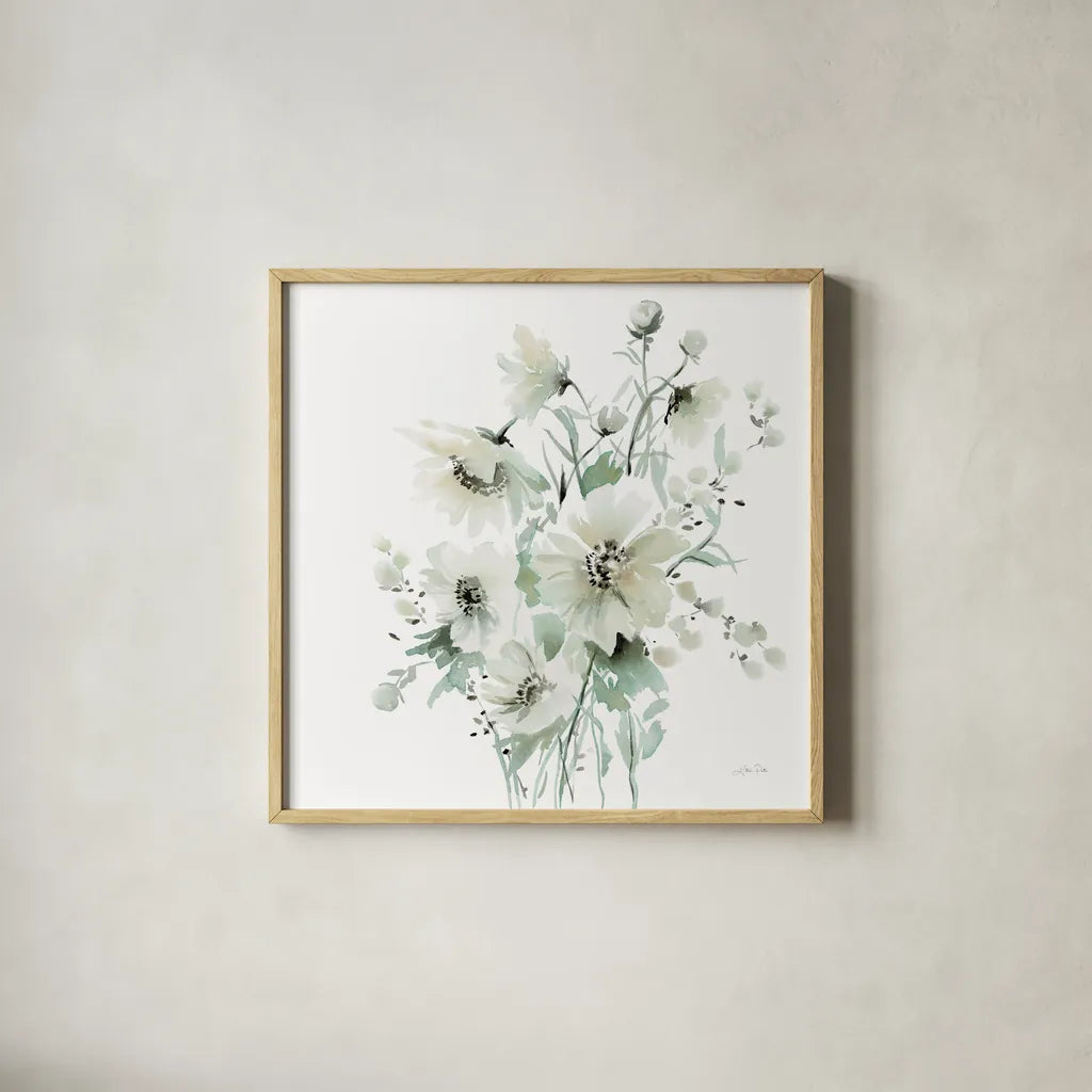 Secret Garden Bouquet I by Katrina Pete. Shown in a natural wood glass frame for a timeless modern aesthetic. Available as an archival giclee rolled canvas, fine art paper, or poster print. SKU 67131a.