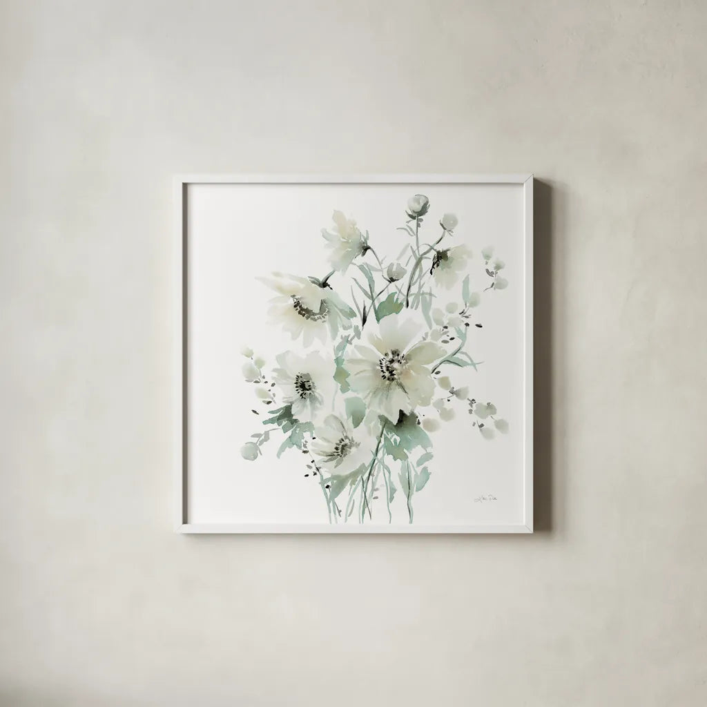 Secret Garden Bouquet I by Katrina Pete. Shown in a crisp white glass frame for a clean and minimalist style. Available as an archival giclee rolled canvas, fine art paper, or poster print. SKU 67131a.