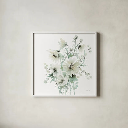 Secret Garden Bouquet I by Katrina Pete. Shown in a crisp white glass frame for a clean and minimalist style. Available as an archival giclee rolled canvas, fine art paper, or poster print. SKU 67131a.