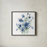 Secret Garden Bouquet I Blue by Katrina Pete. Shown in a sleek black glass frame for a contemporary gallery look. Available as an archival giclee rolled canvas, fine art paper, or poster print. SKU 68144a.