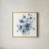 Secret Garden Bouquet I Blue by Katrina Pete. Shown in a natural wood glass frame for a timeless modern aesthetic. Available as an archival giclee rolled canvas, fine art paper, or poster print. SKU 68144a.