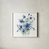 Secret Garden Bouquet I Blue by Katrina Pete. Shown in a crisp white glass frame for a clean and minimalist style. Available as an archival giclee rolled canvas, fine art paper, or poster print. SKU 68144a.