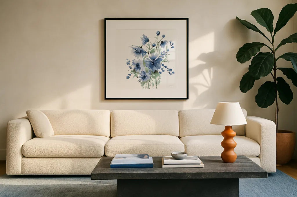 Secret Garden Bouquet I Blue by Katrina Pete. Displayed in a glass frame with matte in a clean modern living room. Available as an archival giclee rolled canvas, fine art paper, or poster print. SKU 68144a.