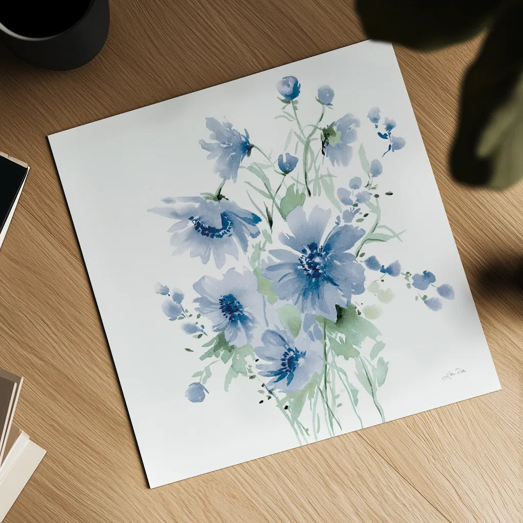 Secret Garden Bouquet I Blue Light by Katrina Pete. Shown as a detailed flat fine art print, highlighting archival giclee quality. Available as an archival giclee rolled canvas, fine art paper, or poster print. SKU 74221a.