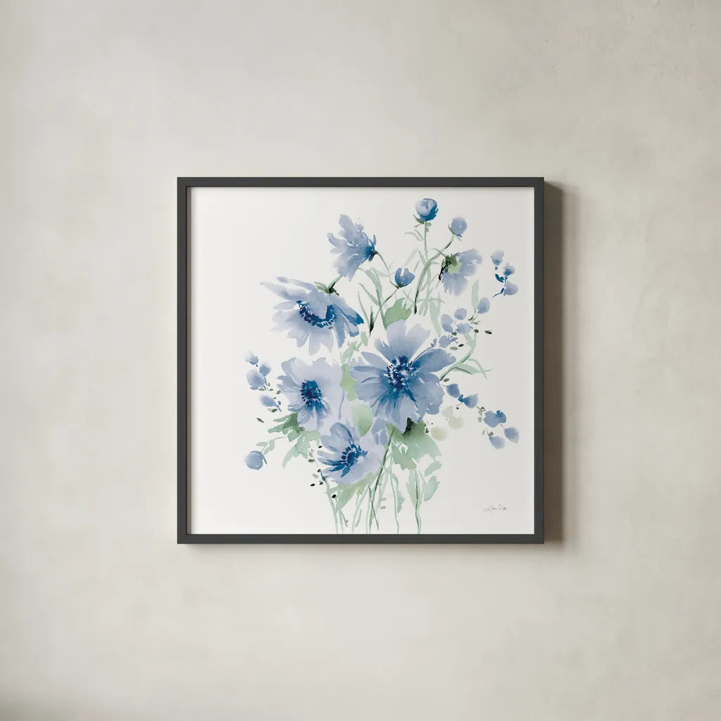 Secret Garden Bouquet I Blue Light by Katrina Pete. Shown in a sleek black glass frame for a contemporary gallery look. Available as an archival giclee rolled canvas, fine art paper, or poster print. SKU 74221a.