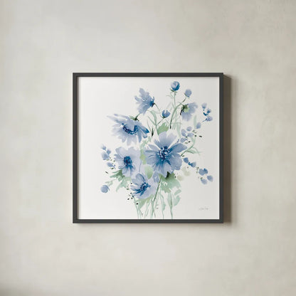 Secret Garden Bouquet I Blue Light by Katrina Pete. Shown in a sleek black glass frame for a contemporary gallery look. Available as an archival giclee rolled canvas, fine art paper, or poster print. SKU 74221a.