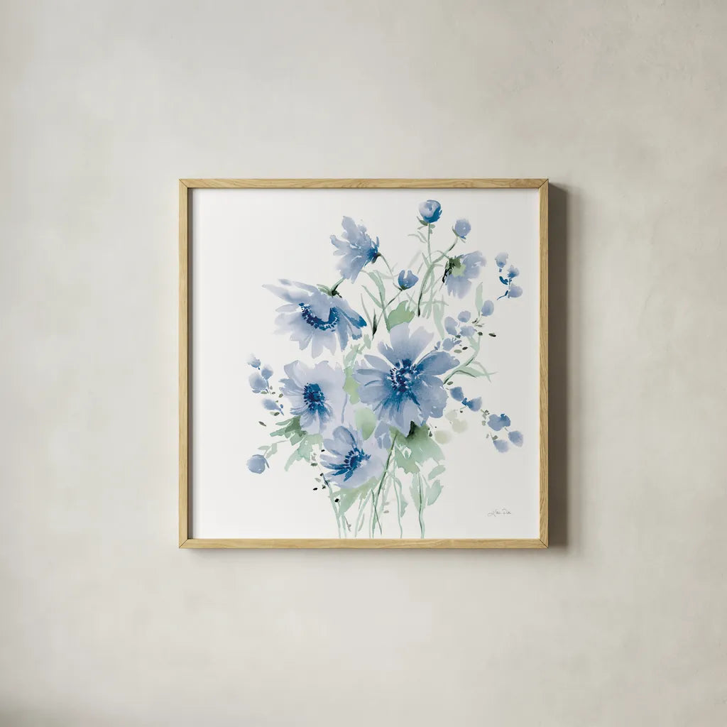 Secret Garden Bouquet I Blue Light by Katrina Pete. Shown in a natural wood glass frame for a timeless modern aesthetic. Available as an archival giclee rolled canvas, fine art paper, or poster print. SKU 74221a.