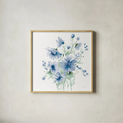 Secret Garden Bouquet I Blue Light by Katrina Pete. Shown in a natural wood glass frame for a timeless modern aesthetic. Available as an archival giclee rolled canvas, fine art paper, or poster print. SKU 74221a.
