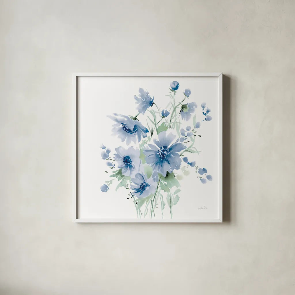 Secret Garden Bouquet I Blue Light by Katrina Pete. Shown in a crisp white glass frame for a clean and minimalist style. Available as an archival giclee rolled canvas, fine art paper, or poster print. SKU 74221a.