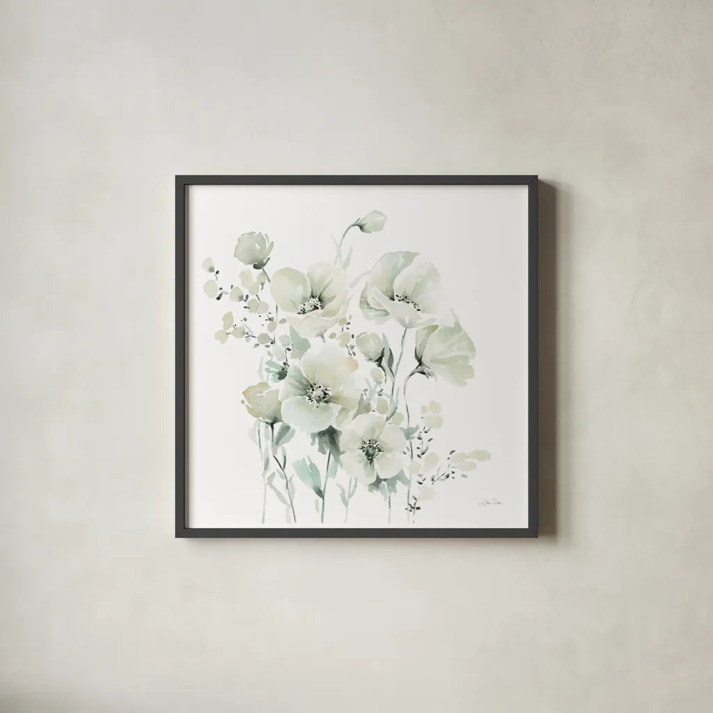 Secret Garden Bouquet II by Katrina Pete. Shown in a sleek black glass frame for a contemporary gallery look. Available as an archival giclee rolled canvas, fine art paper, or poster print. SKU 67132a.