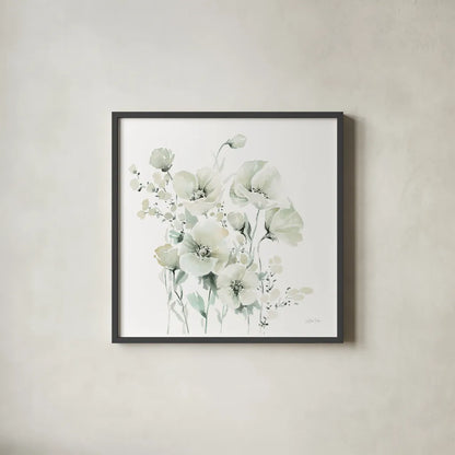 Secret Garden Bouquet II by Katrina Pete. Shown in a sleek black glass frame for a contemporary gallery look. Available as an archival giclee rolled canvas, fine art paper, or poster print. SKU 67132a.