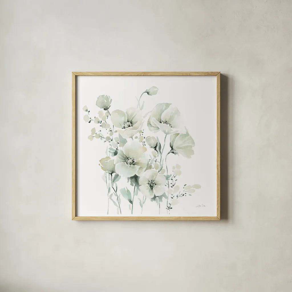 Secret Garden Bouquet II by Katrina Pete. Shown in a natural wood glass frame for a timeless modern aesthetic. Available as an archival giclee rolled canvas, fine art paper, or poster print. SKU 67132a.