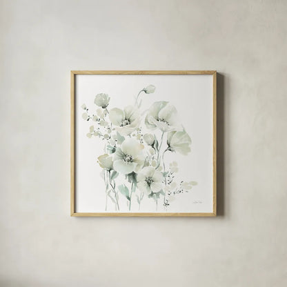 Secret Garden Bouquet II by Katrina Pete. Shown in a natural wood glass frame for a timeless modern aesthetic. Available as an archival giclee rolled canvas, fine art paper, or poster print. SKU 67132a.