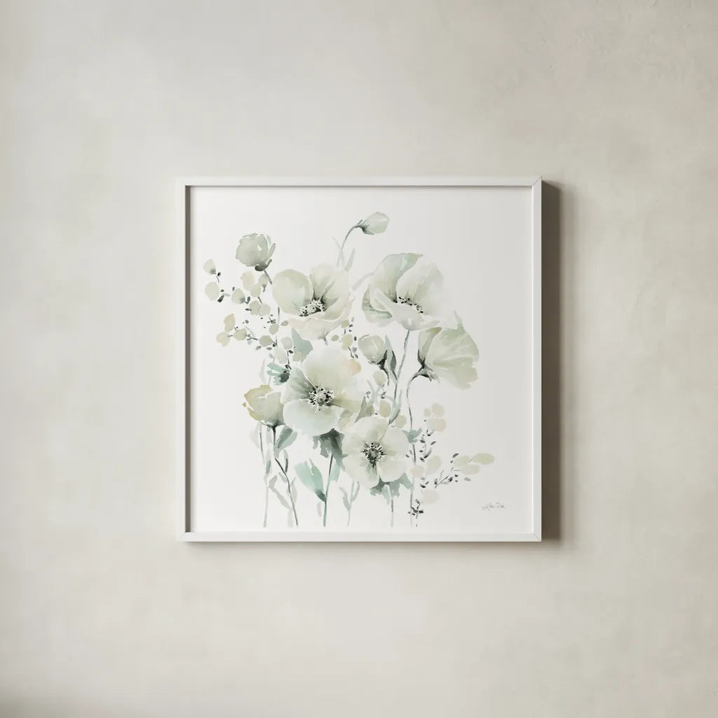 Secret Garden Bouquet II by Katrina Pete. Shown in a crisp white glass frame for a clean and minimalist style. Available as an archival giclee rolled canvas, fine art paper, or poster print. SKU 67132a.