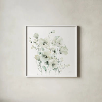 Secret Garden Bouquet II by Katrina Pete. Shown in a crisp white glass frame for a clean and minimalist style. Available as an archival giclee rolled canvas, fine art paper, or poster print. SKU 67132a.